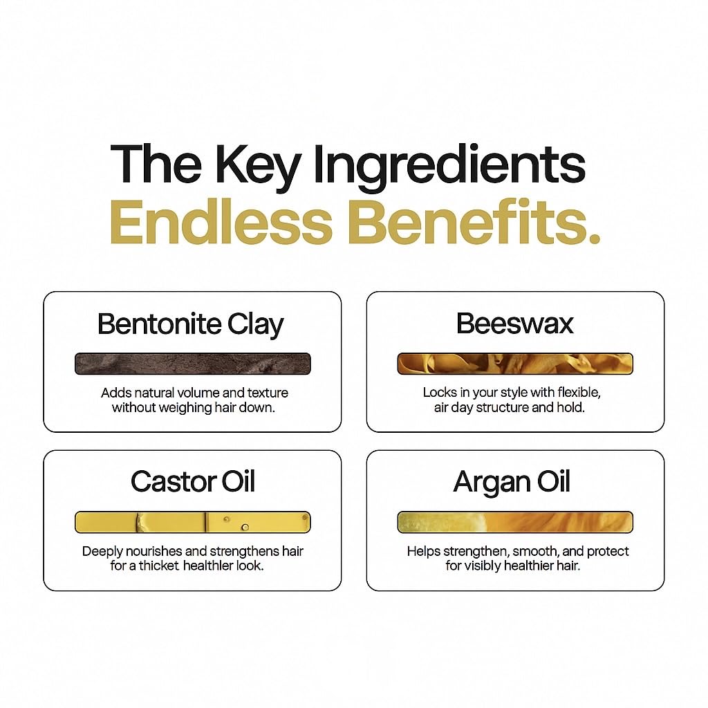 Matte Hair Clay for Men Strong Hold Matte, with Bentonite Clay, Argan Oil, Beeswax, Castor Oil