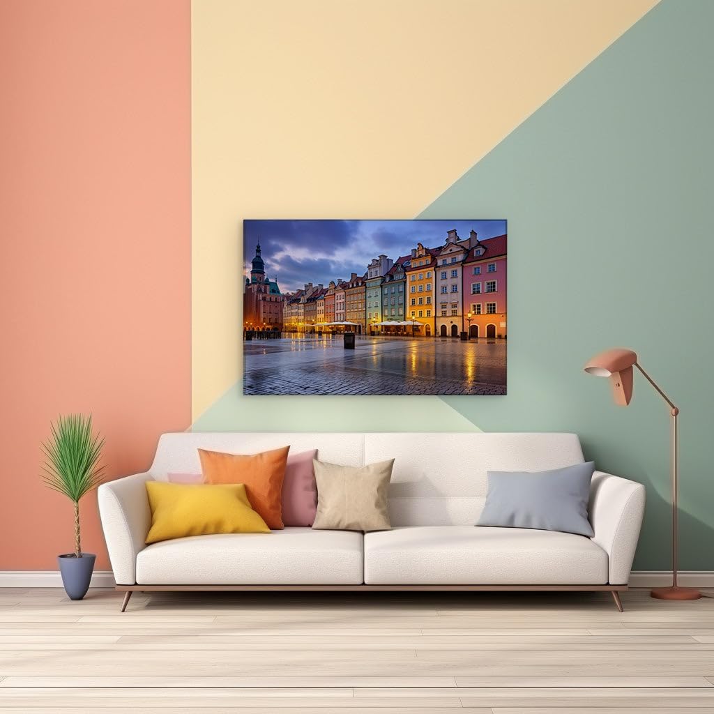 Canvas for Living room. Early Morning Serenity in Poznan's Multicolored Old Town Splendor, 27 x 18 inch Canvas Wall Art - Ready to Hang