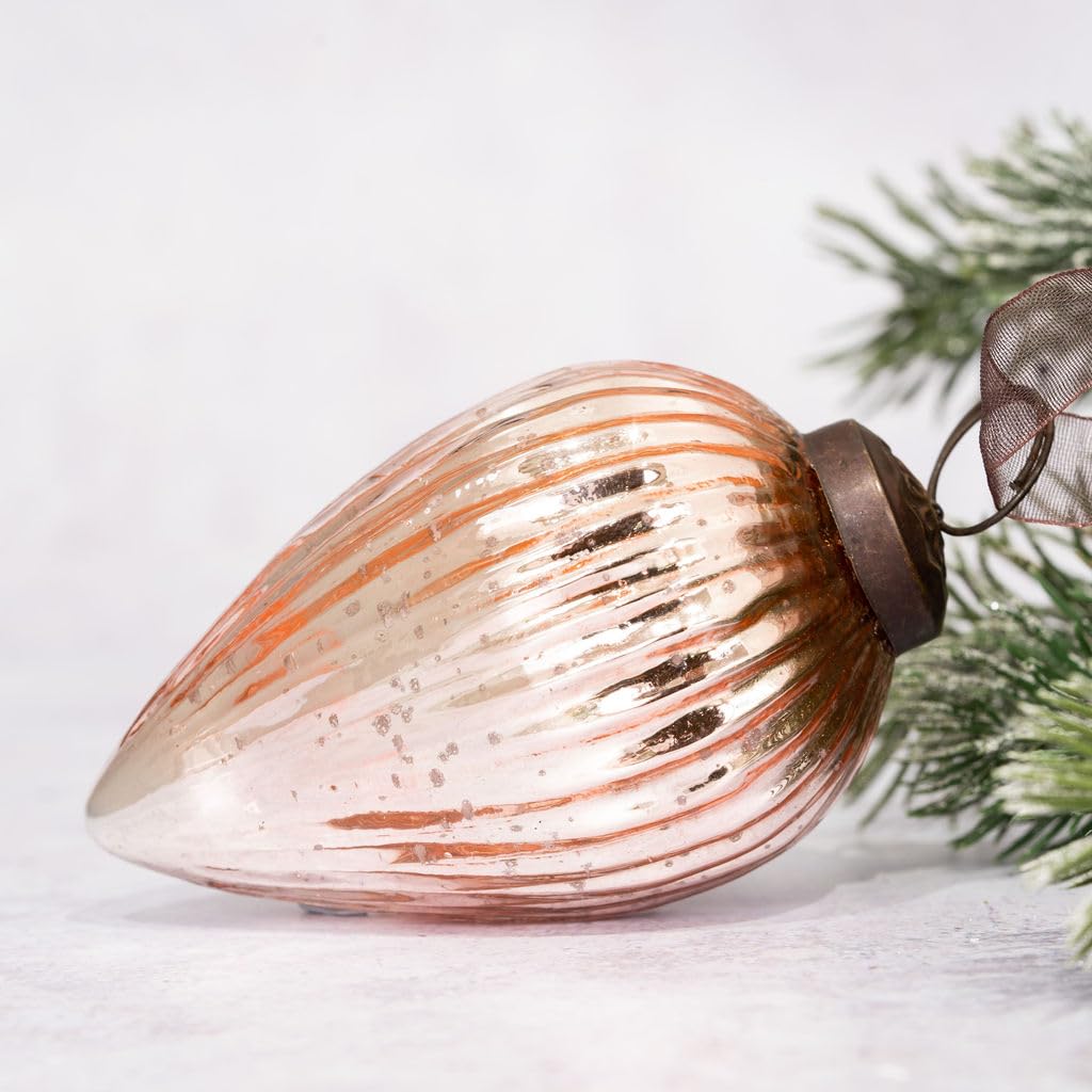 Arthur Cameron Rose – 3" Extra Large Ribbed Crackle Glass Pinecone – Hand-Blown Glass Christmas Tree Decoration & Elegant Christmas Bauble For Winter Displays (Rose)
