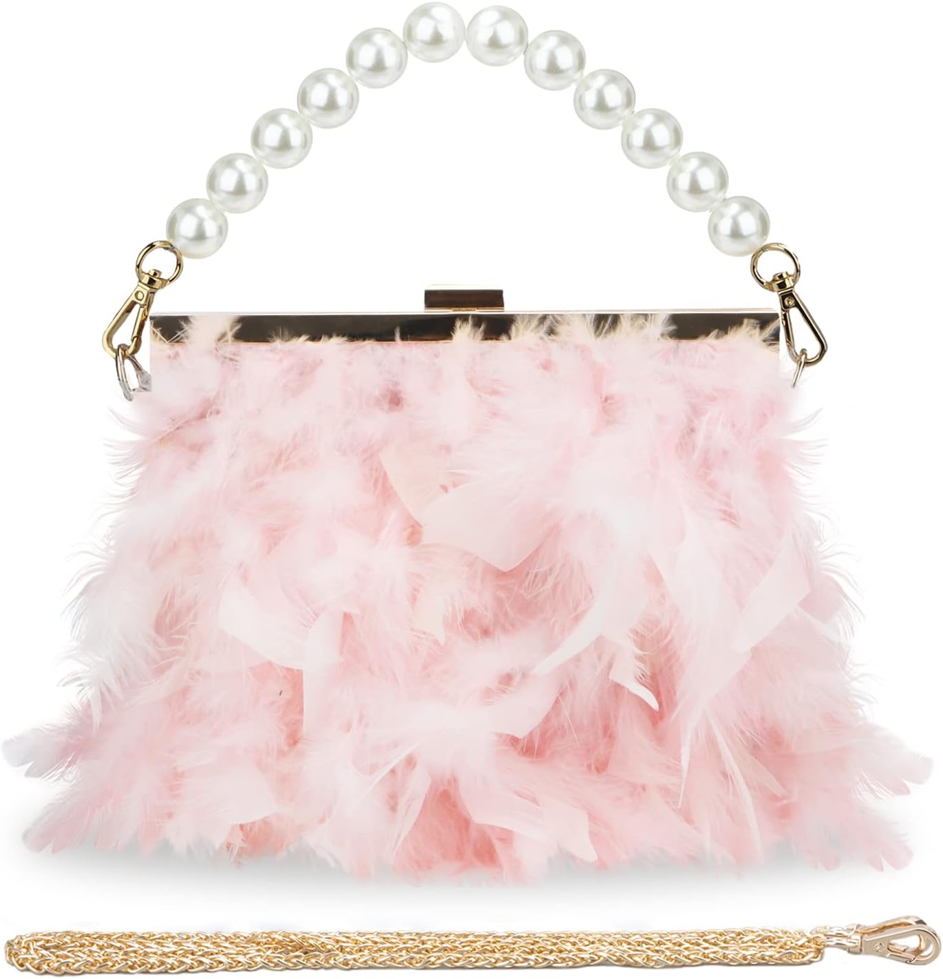 GOKTOW Feather Clutches Purses for Women Bag，Pearl Fluffy Evening Handbags for Wedding Anniversary Party