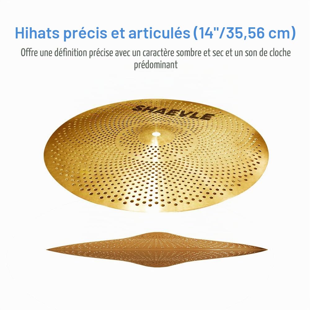 Cymbales à faible volume, pack de cymbales Golden Mute 14" Hi-hat/16" Crash/18" Crash/20" Ride, pack de cymbales silencieuses pour l'entraînement