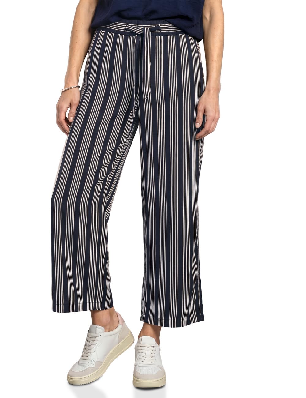 Street One Mid Waist Wide Leg Trousers with Stripes Darkest Blue 44