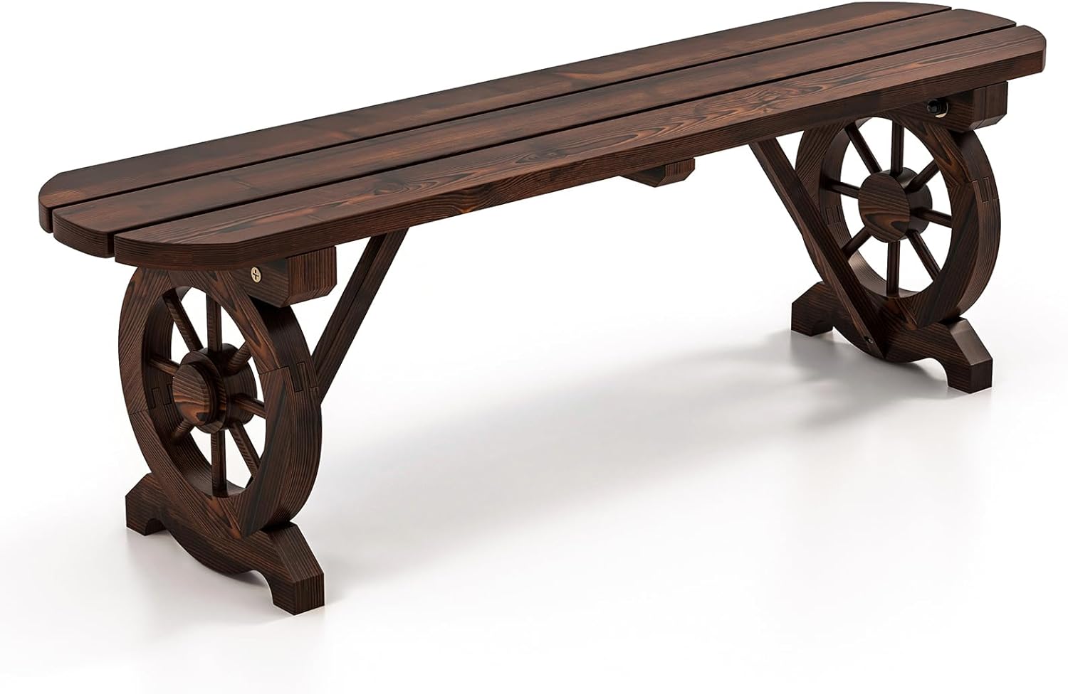 HAPPYGRILL Patio Wood Bench Outdoor Rustic Wagon Wheel Bench w/Carbonized Finish & Fir Construction, 2-Person Wooden Outdoor Bench for Patio, Garden, Porch, Park