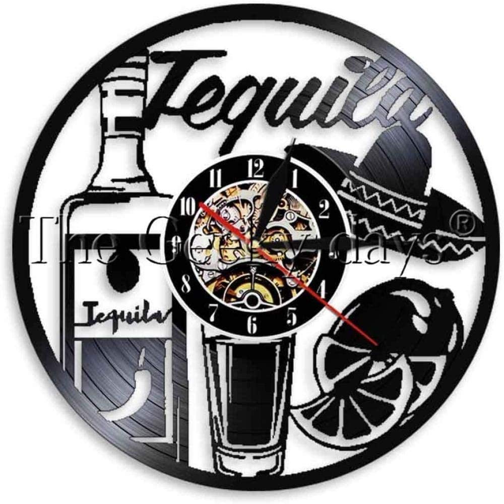 hxjie 1-piece Drink Vinyl Record Wall Clock Tequila Time Wall Art Vintage Clock Handmade Drinkable Wall Decoration -12 Inch-Wth_LED