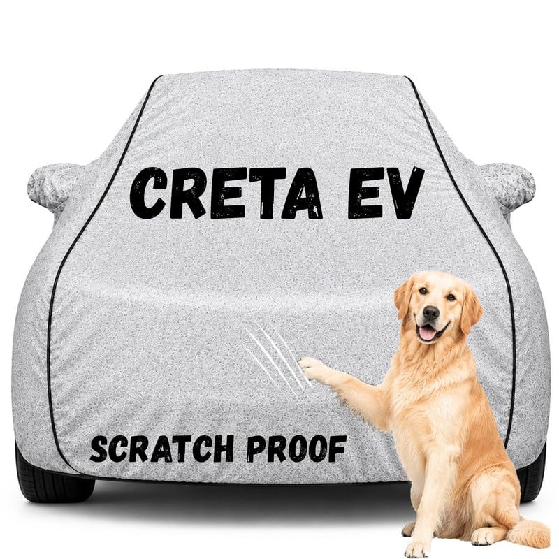 Image of Pure Fabric Silver 100% Waterproof Creta EV Car Cover | Polyester Car Body Cover for Rain & Sun | UV Protection, Dustproof, Scratch Resistant, Windproof, Heat Resistant, Custom Fit