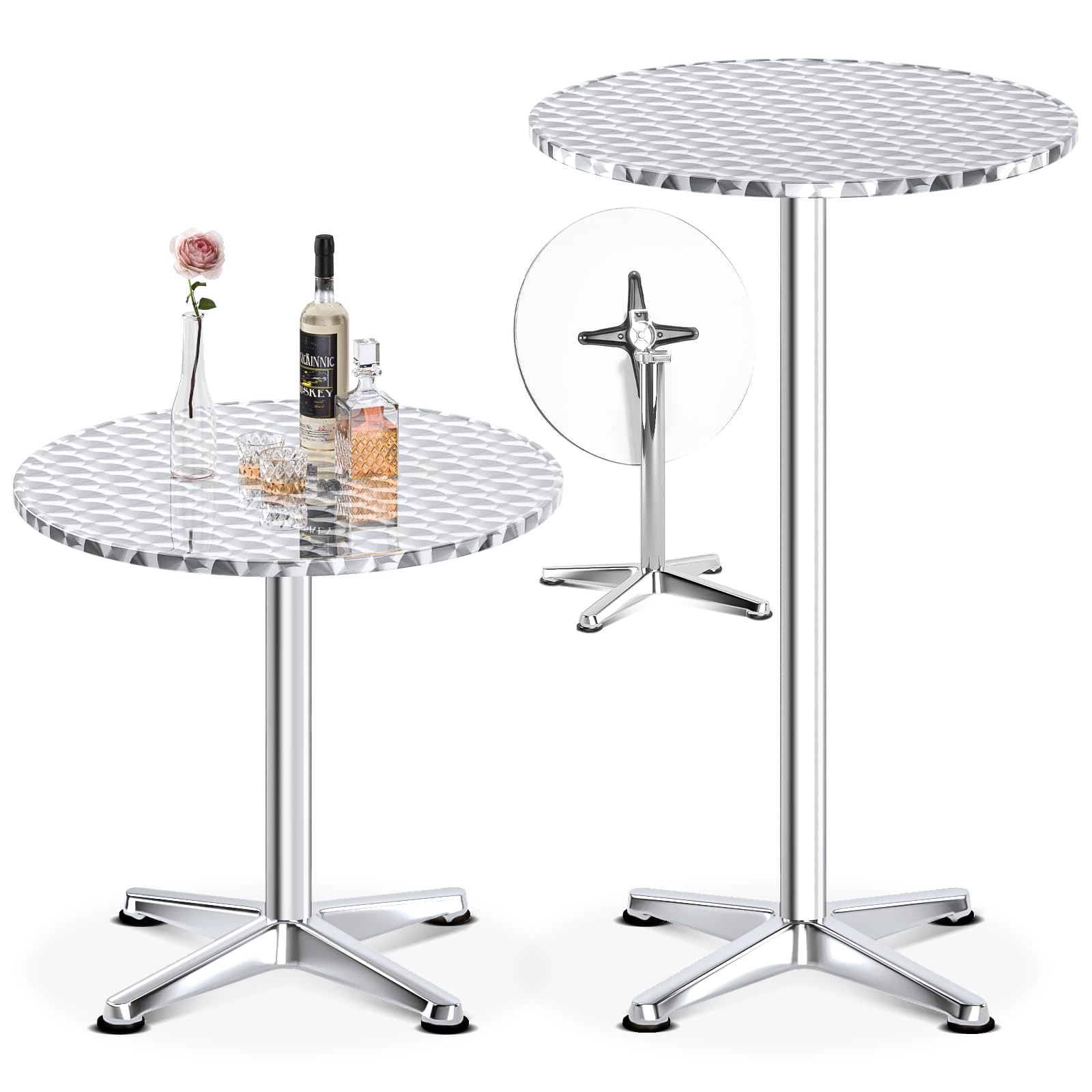 3-in-1 Stehtisch,Bistrotisch-klappbarer Barkeeper Tisch-60 cm Durchmesser-3 Höhen: 49,5cm/74cm/114cm-Edelstahl für zu Hause,Garten,Restaurant-Outdoor-Stehtisch,Bar Table,Party-Tisch-Silber