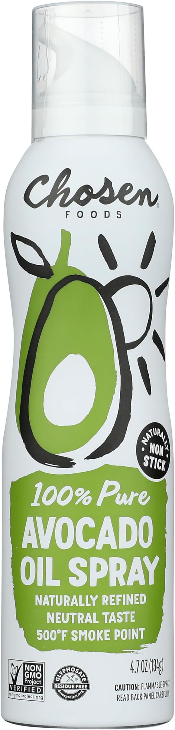100% Pure Avocado Oil Spray 4.7 oz (1 Pack), Non-GMO, 500°F Smoke Point, Propellant-Free, Air Pressure Only for High-Heat Cooking, Baking and Frying