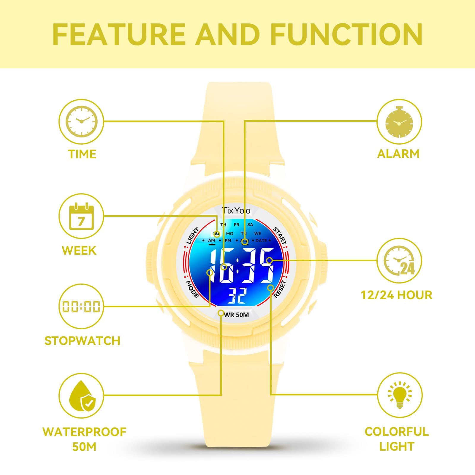 Montre numérique pour enfants avec 7 lumières de couleur étanche à 50 m, alarme, chronomètre, bracelet souple, cadeau pour enfants, montre de sport pour garçons et filles de 5 à 12 ans
