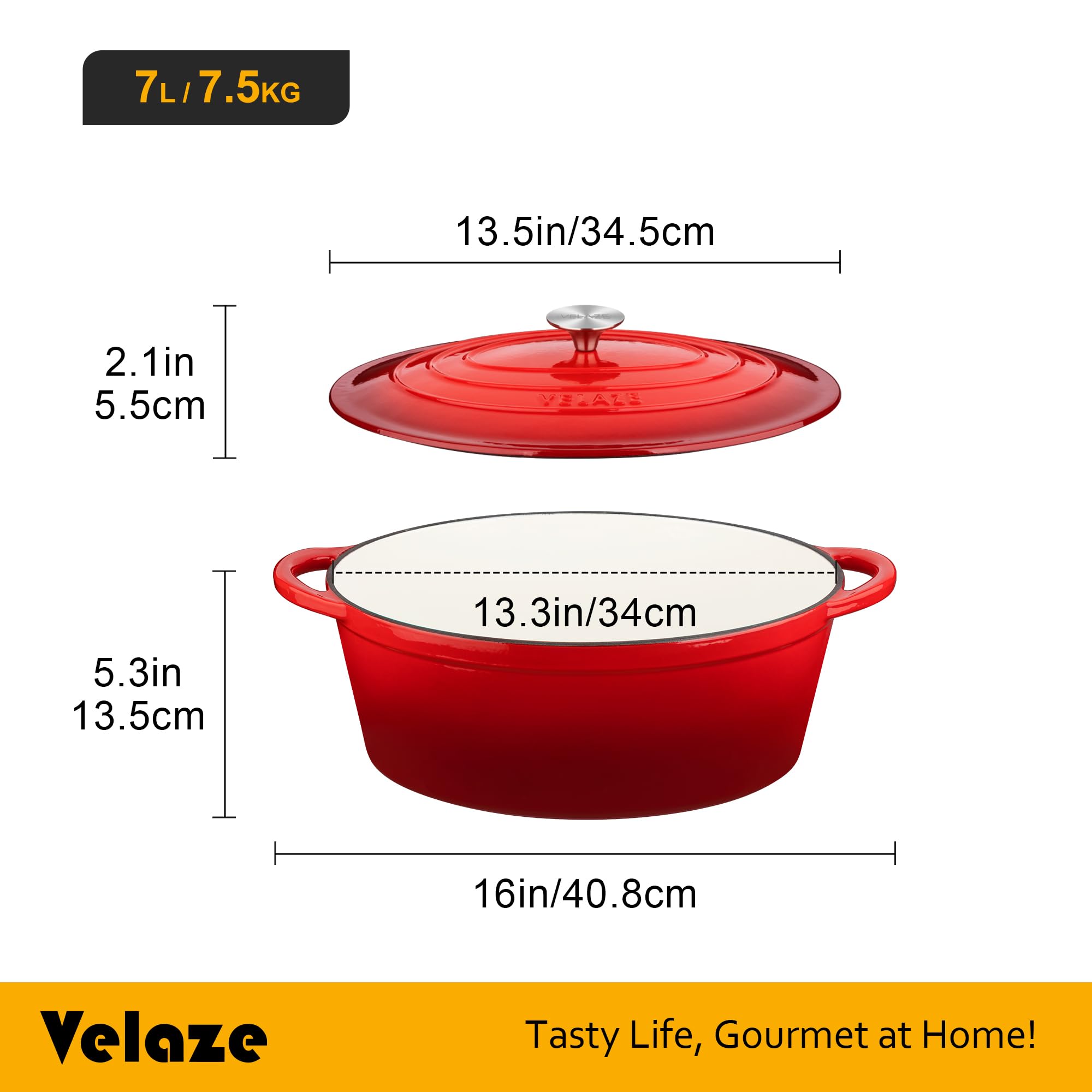 Velaze Casseruola in Ghisa, Pentola a Induzione per Stufati e Brasati, Cocotte Casseruola con Coperchio in Rivestimento Smaltato, Forno Olandese, Rosso, Ovale - 34 cm, 7 L