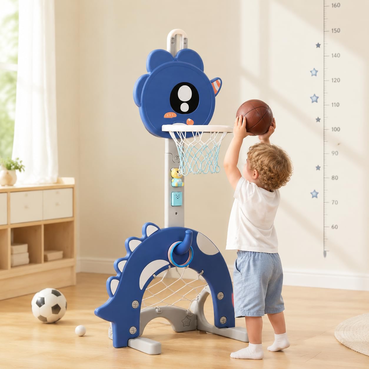 Qianly Basketballkorb für Kinder, Höhenverstellbarer Basketballständer aus, Mini Basketball Indoor & Outdoor, Spielzeug ab 2 Jahre, 加高恐龙款（蓝） 球+套+高+音+故