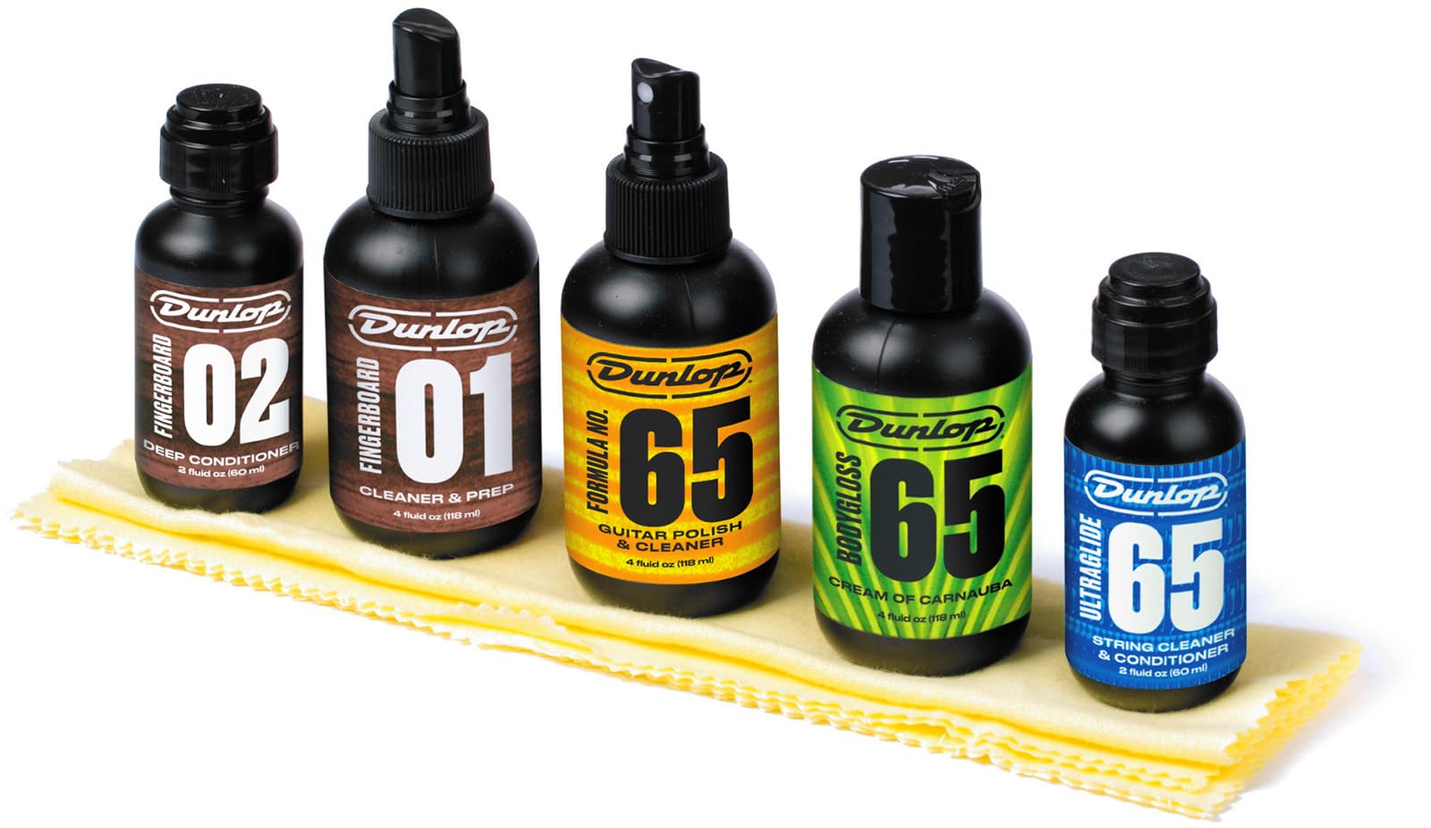 JIM DUNLOP - 6500 System 65 Guitar Maintenance Kit, Complete for Cleaning and Care of Electric and Acoustic Guitar, Includes 5 Formula 65 Products and 2 Cotton Cloths