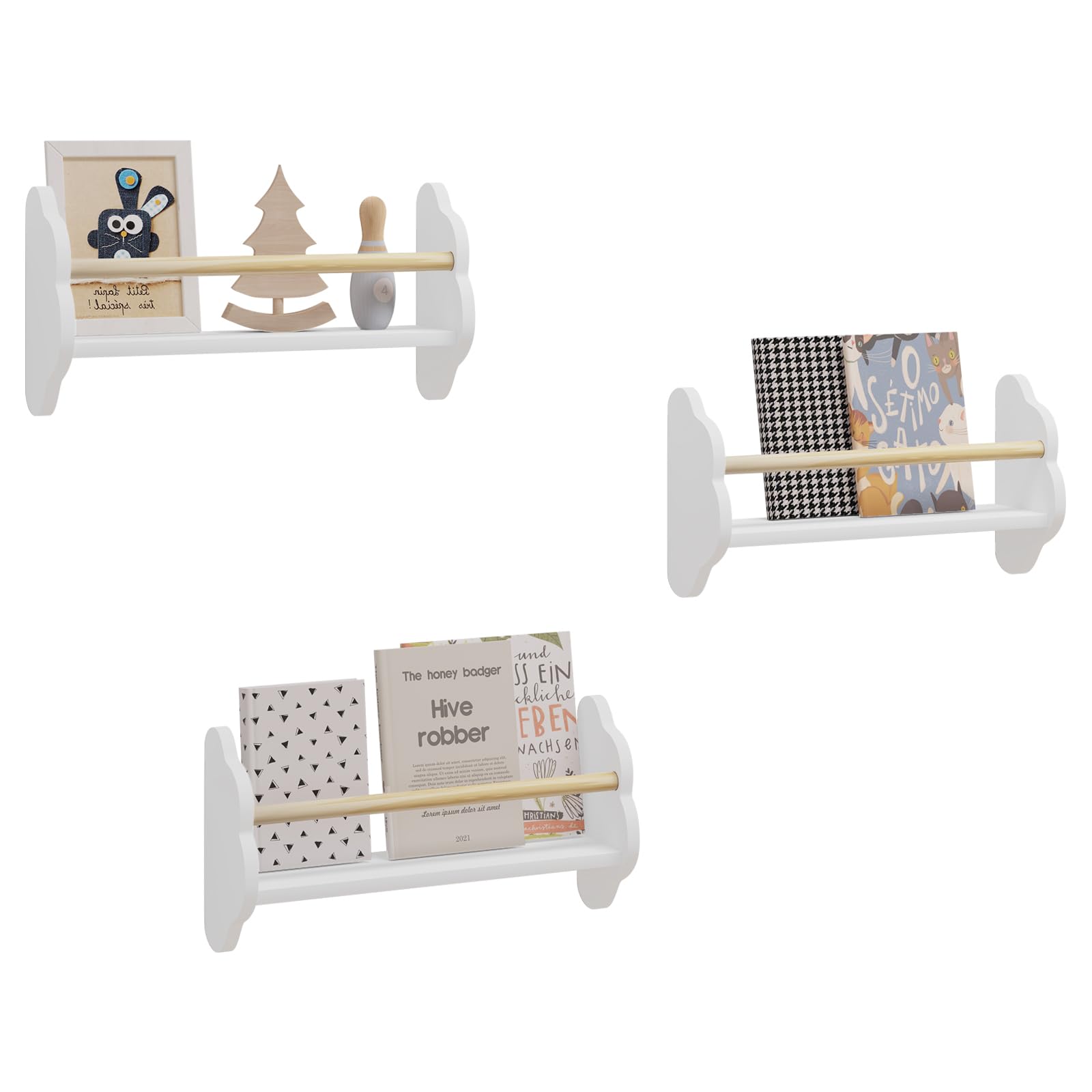 WOLTUKR025ws45 Children's Bookcase, Wall Shelf, Children's Room Shelf with 3 Shelves, Pine Wood MDF for Children's Room, Playroom, White