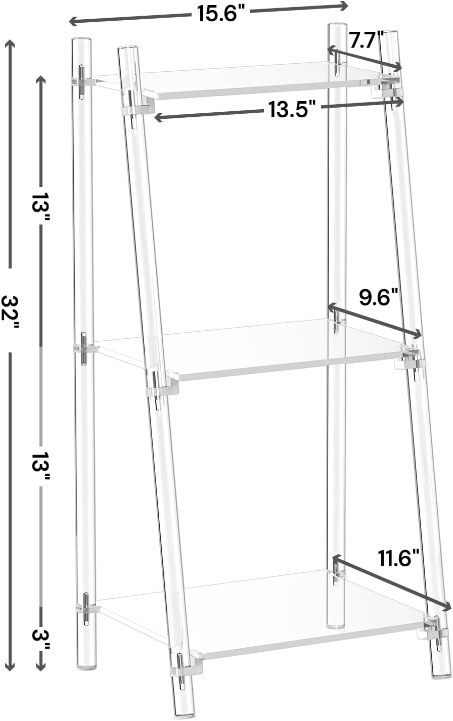 Small Acrylic Ladder Bookshelf, 3 Tier Clear Bookcase, Multipurpose Book Shelf for Living Room, Bathroom, Office, Modern, 11.6" D x 15.6" W x 32" H