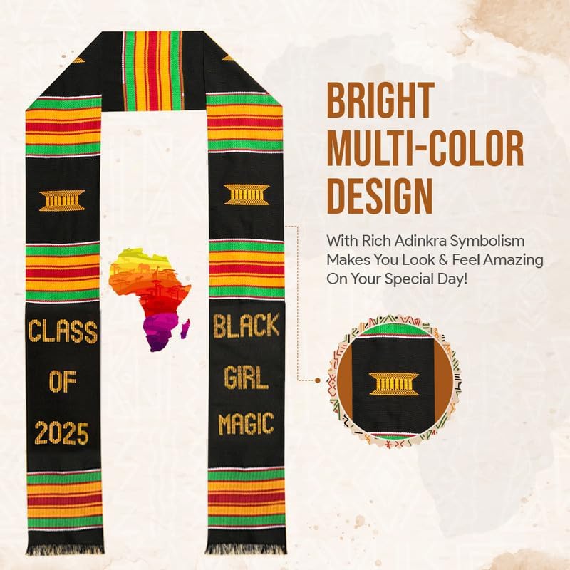 Black Girl Magic Kente Graduation Stole 2025 | Authentic African Art Kente Stole | Bold Patterns and Vibrant Colors 72"x4.5" - Image 4