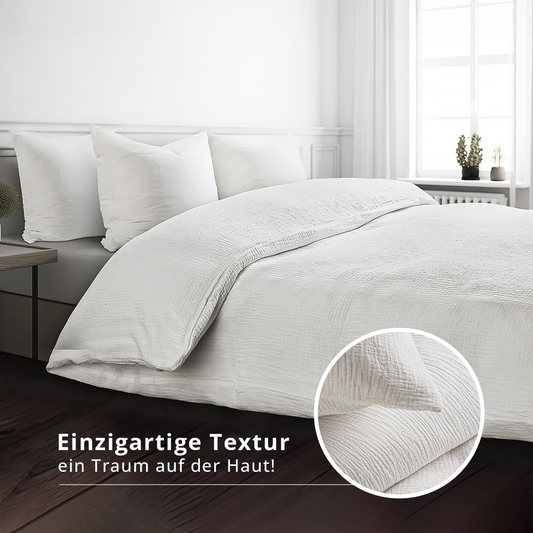 Generisch Bellevue Musselin Bettwäsche Weiß 135x200 + 80x80 cm 2teilig, Premium Baumwolle, atmungsaktiver Bettbezug, optimaler Temperaturausgleich, bügelfreie Bettwäsche, Allergiker Geeignet, ÖKÖ TEX