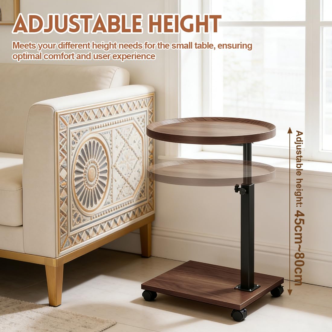 Mesa auxiliar con ruedas, mesa auxiliar de madera, forma redonda, mesa auxiliar regulable en altura, con acabado de nogal giratorio 360°, para sofá (color nogal)
