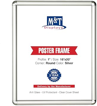 M&T Displays Snap Poster Frame 16x20 Inch Silver 1" Aluminum Profile Front Loading Wall Mounting Picture Photo Document Certificate Sign Holder Round Corner Anti Glare Cover