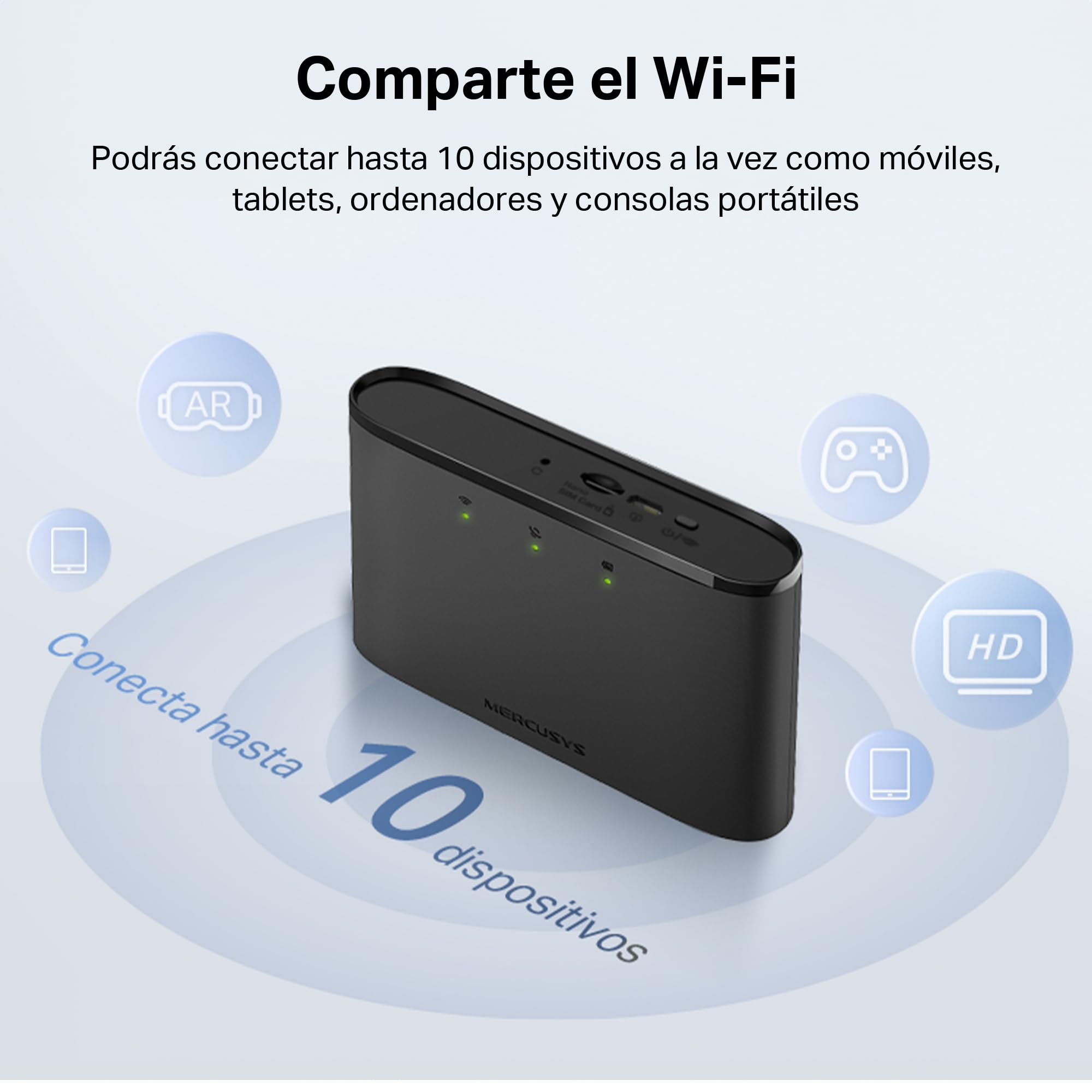 [2024 Neuvo] Mercusys MT110 - Router 4G móvil, 4G Mi-Fi LTE Cat 4 150 Mbps, Batería de 2100 mAh, Conexión hasta 10 Dispositivos, Play y Plug con Tarjeta Nano SIM