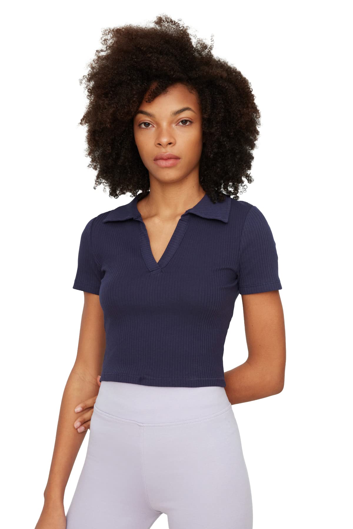 Trendyol Damen V-neck Crop Gestrickte Bluse Blouse, Navy, M EU