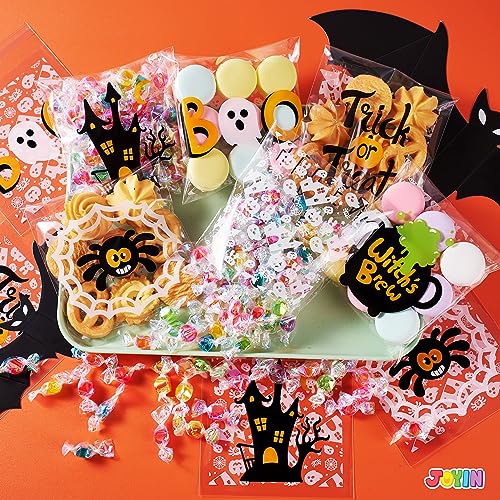 Image of JOYIN 150 PCS Halloween Cellophane Treat Bags, Self Adhesive Clear Cookie and Candy Bags for Kids Trick or Treating, Small Goodie Gift Ziplock Bag Bulk for Halloween Party Favors Supplies in 6 Designs