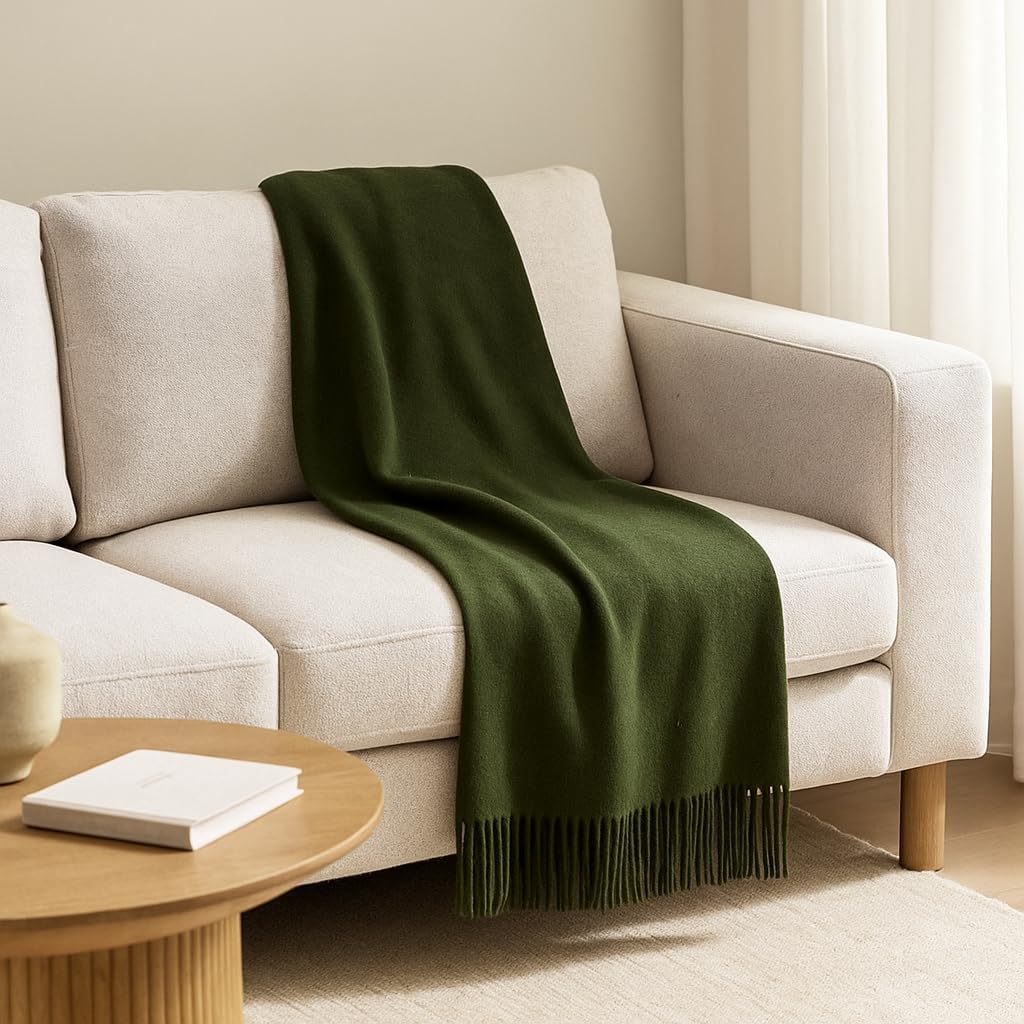Lincove Pure Cashmere-Merino Wool Blanket - Warm & Soft Throw Blanket - 74"x55" Comfortable and Cozy Throw Blankets for Couch, Sofa, or Chair - Lightweight and Classic Throws - Olive