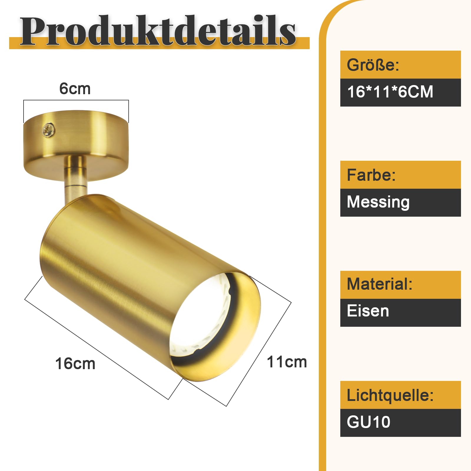 ZMH 2x Faretto LED in ottone con rotazione a 360° lampada da soffitto, | utilizzabile come lampada da lettura e da parete, attacco GU10 (lampadina non inclusa)