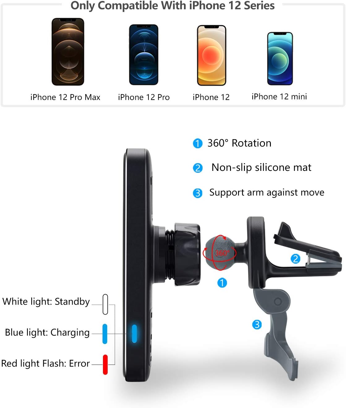 Antank Magnetic Wireless Car Charger Mount Compatible with iPhone 12/12 Pro/12 Pro Max/12 Mini, Fast Charge Auto-Alignment Car Charger Holder with 3 Transparent Magnetic Cases