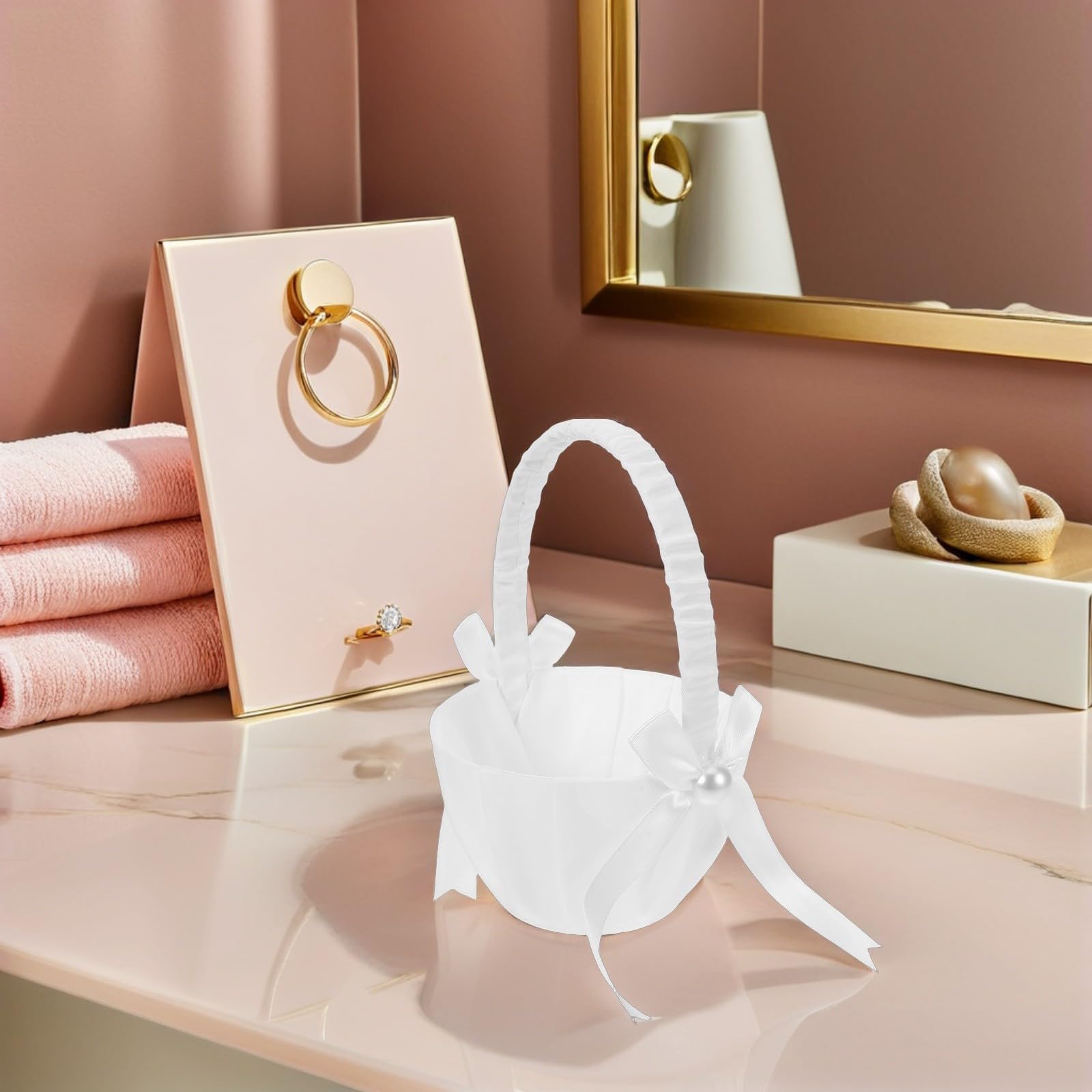 Brautstraußkorb aus Satin mit Henkel und Perlen, Weiß | Blumenmädchen und Besondere Zeremonien, Stabile Kunststoffstruktur, Schleife als Zubehör, 4 Stück