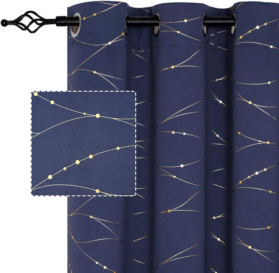 PANOVOUS Navy Blackout Curtains Foil Print Wave Lined Room Darkening