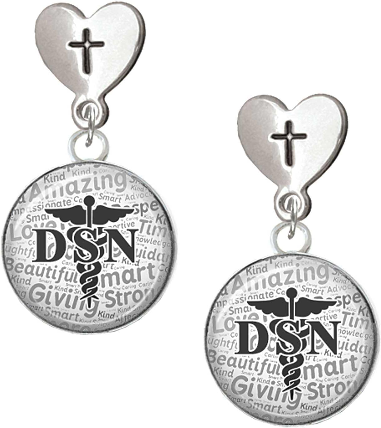 Delight Jewelry Silvertone Domed DSN Cross in Heart Post Dangle Earrings