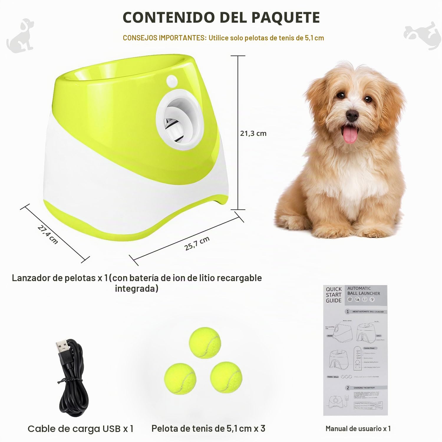 Lanzador de Pelotas para Perros, Máquina Lanza Pelotas Perro Automático Juguete Interactivo Perro con 3 Pelotas de Tenis, Ajustables Anchos de Lanzamiento, Pelota Tenis para Perros Pequeños y Grandes