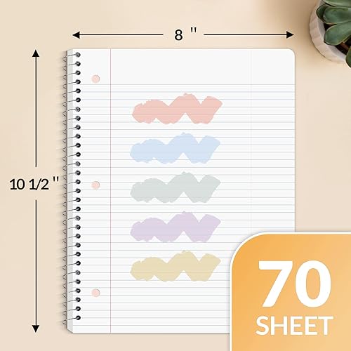 Miniatura 2 de SUNEE Cuadernos en espiral, paquete de 6, 1 materia, papel rayado universitario, 8 x 10-12 pulgadas, 70 hojas por cuaderno, cuadernos en espiral de