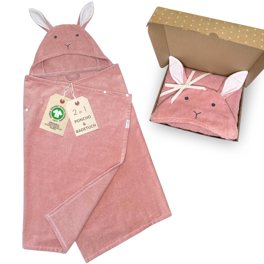DIKOS® 2-in-1 Kapuzenhandtuch & Badeponcho Baby, Kleinkinder & Kinder Altrosa 70x140 | Ab Geburt Babyhandtuch, mitwachsendes Badetuch/Poncho mit Druckknöpfen bis 10 J | Bio-Baumwolle Frottee/Velours