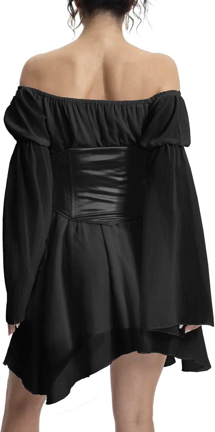 Women Two Piece Outfits Corset Dress Black Off Shoulder Bell Sleeve Chiffon Flowy Irregular Bustier Dresses XXL - Image 3