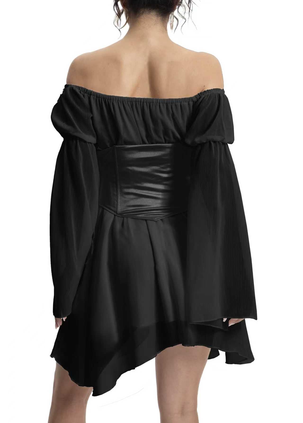 TSMNZMU Womens Two Piece Sets Corset Dress Off Shoulder Bell Sleeve Chiffon Dresses Lace-Up Mini Bustier Party Dress: 2 Piece Set Black XX-Large