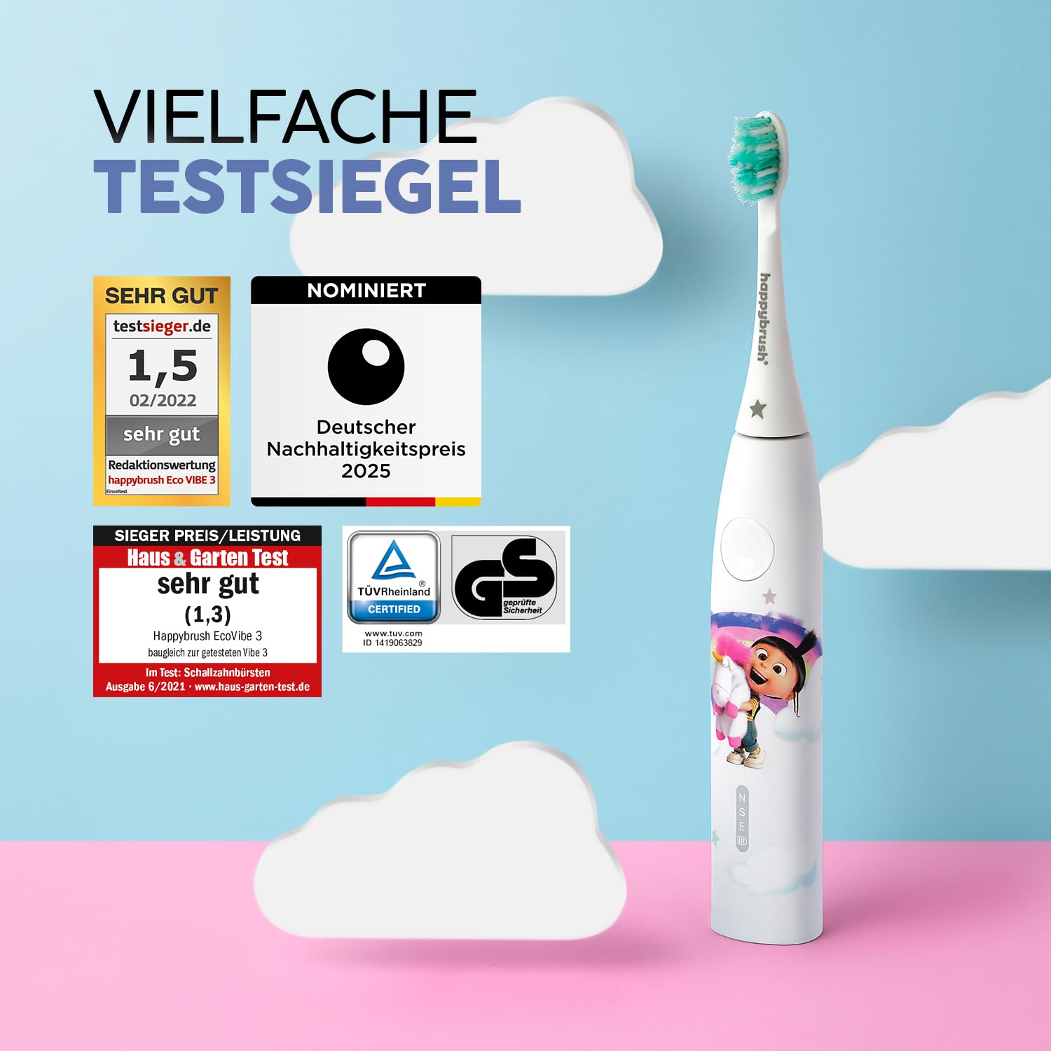 happybrush [Testsieger*] Elektrische Zahnbürste Für Kinder inkl. 3 Aufsteckbürsten, Sanfte Reinigung der Kinderzähne, Paw Patrol & Minions Agnes Design Einhorn (Agnes, 1x Set)