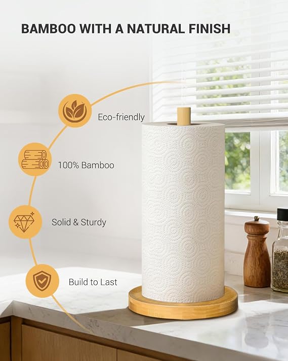 NESAPTO Paper Towel Holder Countertop, Wooden Freestanding Paper Towel Stand for Modern Farmhouse & Cottagecore Decor, Kitchen Bathroom Essential, Bamboo
