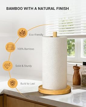 NESAPTO Paper Towel Holder Countertop, Wooden Freestanding Paper Towel Stand for Modern Farmhouse & Cottagecore Decor, Kitchen Bathroom Essential, Bamboo