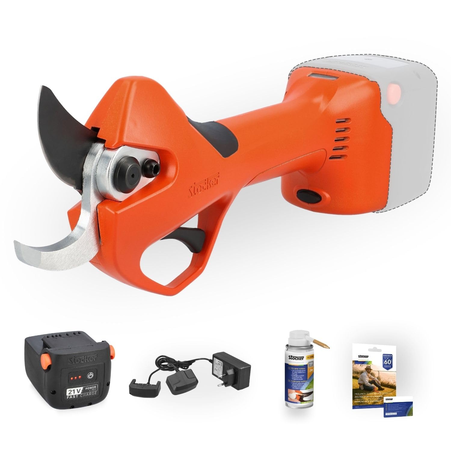 STOCKER - Kit Forbice Elettrica Magma E-40 TP con Batteria Fast Charge 21V 2,6Ah, Caricabatterie Doppio, Olio Spray 100 ml, Garanzia Estendibile fino a 60 mesi, kit potatura pronto uso