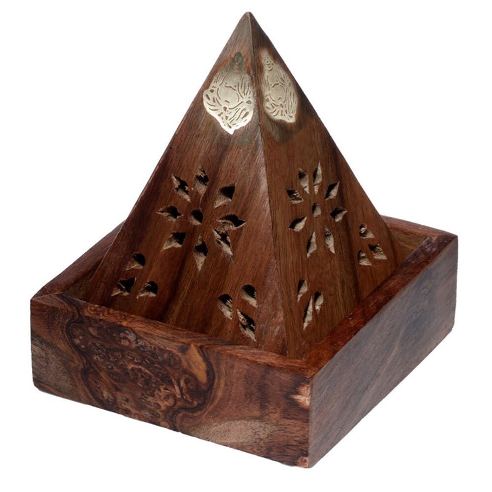 Puckator Multicolor Sheesham Wood Pyramid Incense Cone Burner Box With Buddha & Fretwork - Spiritual Zen Gothic Incensé Insence Sticks Cones Holder Burner - Home Aesthetic Yoga Room Decor Accessories Gift
