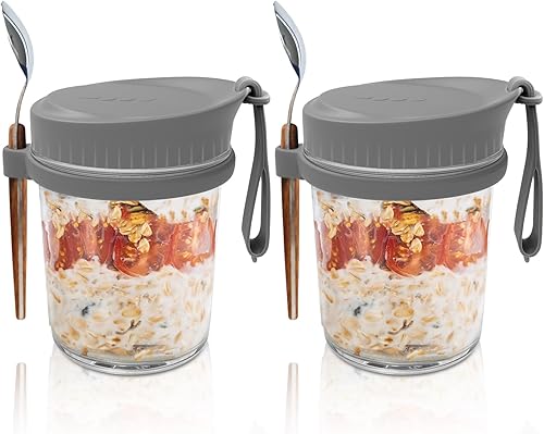 Miniatura 1 de SMARCH Recipiente de avena con tapa y cuchara, tarros de vidrio de 10 onzas con tapa, tarros de avena herméticos de boca ancha para preparación de