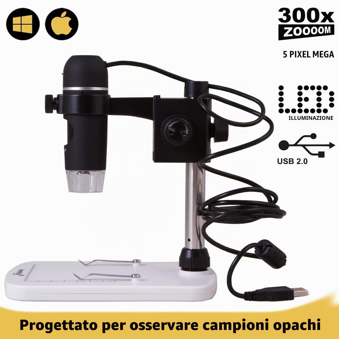 Microscopio Digitale Portatile Levenhuk DTX 90 (10–300x) con Fotocamera Retraibile per L’Uso In Elettronica, Gioielleria, Biologia, Zoologia e Molto Altro