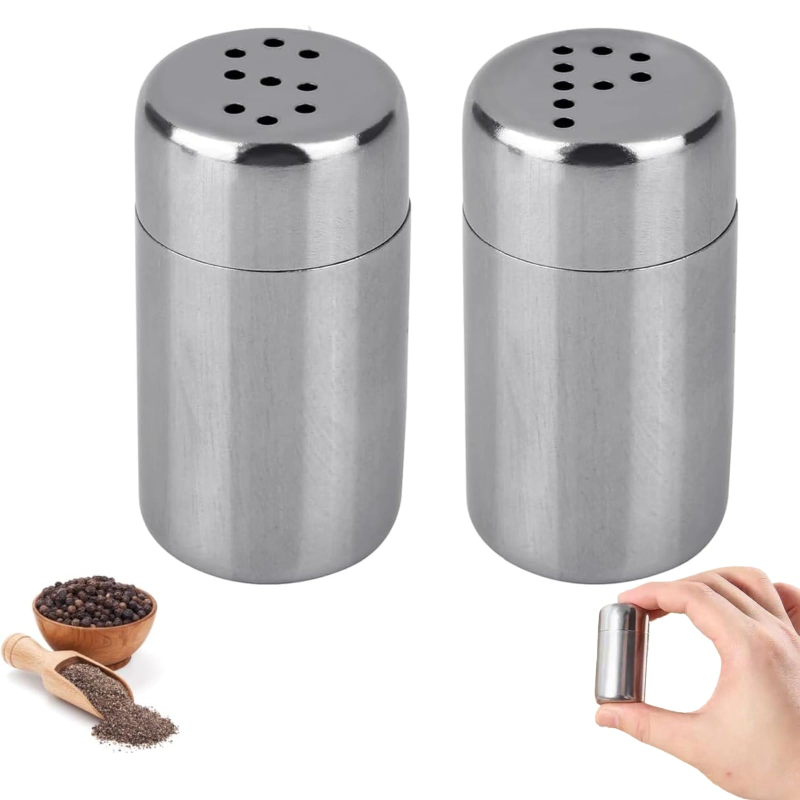 Lot de 2 mini salières et poivrières en acier inoxydable portables avec trou en forme de S et P pour cuisine, voyage, camping, restaurant, sel, poivre, épices, sucre (argent)