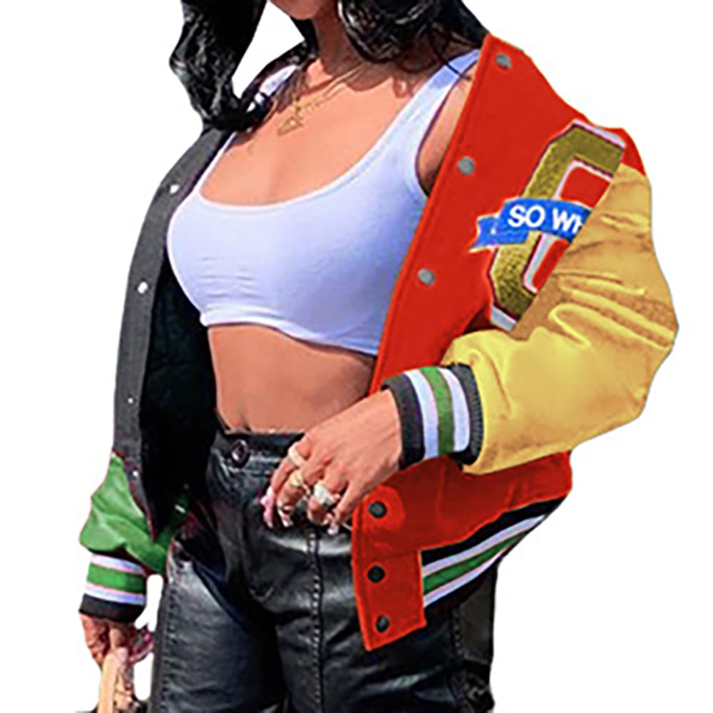 KCatsy Women Bomber Jacket Baseball Plus Size Color Block Striped Cuff Hem Snap-Button Loose Pocket Letter Print Streetwear