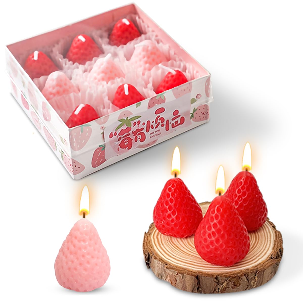 Realistic Red and Pink Strawberry Tealight Candle Set, 9 Pack Mini Soy Wax Candle with Strong Strawberry Scent for Home Fragrance, Décor and Gifting