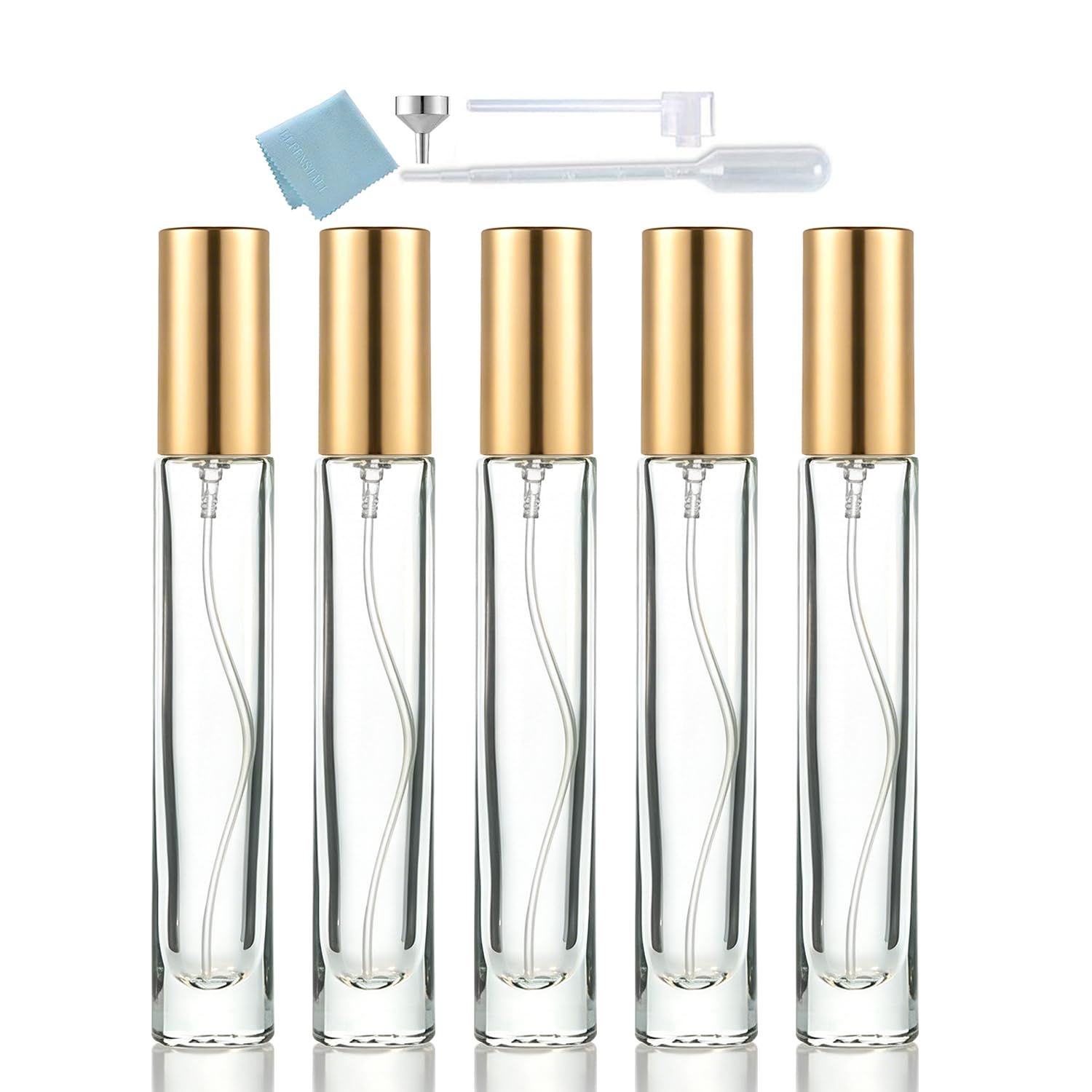 Thick Glass 5pcs 10ml 1/3oz Gold Spray Bottle Refill Perfume Hydrating Fragrance Fine Mist Atomizer Cosmetic Container Round Tube Party Makeup Tool Travel Gift Sample-image-24