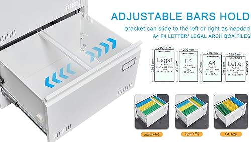 Miniatura 6 de Archivador lateral de 2 cajones con cerradura para oficina en casa, archivador de metal con barra ajustable para colgar, organización de archivador