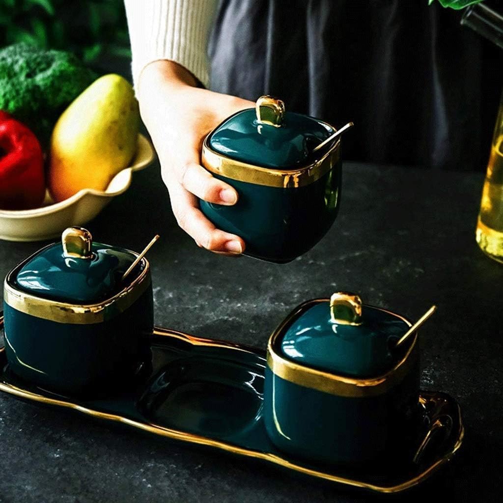 Set of 3 Sugar Bowl Hand-Paint Ceramic Spice Jars Sugar Container Condiment Seasoning Box Container Pot Set with Lids (Size : L) (Size : Large)