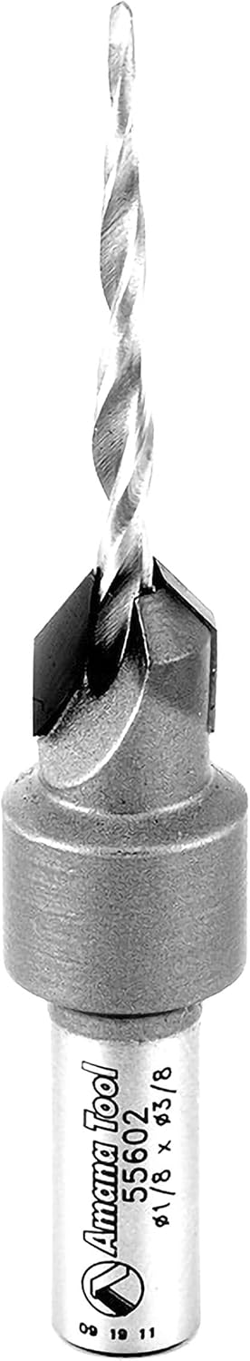Amana Tool Carbide Tipped 82 Degree Countersink Tapered Drill Bit, 55602, 6 Screw, 3/8 Dia x 1/8 Drill Dia x 5/16 Round Shank