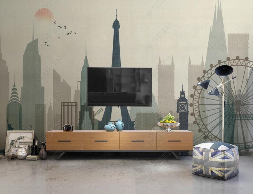 Papier Peint Intissé Silhouette Ville 300x210 cm Poster Géant Mural pour Salon